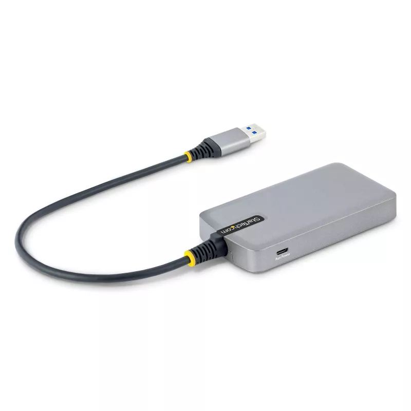 StarTech.com 3 portu USB centrmezgls ar Ethernet – 3x USB-A porti – Gigabit Ethernet (RJ-45) – USB 3.0 5 Gbps – ar kopnes barošanu – 1 pēdu/30 cm garš kabelis – pārnēsājams klēpjdatora USB centrmezgla adapteris ar GbE