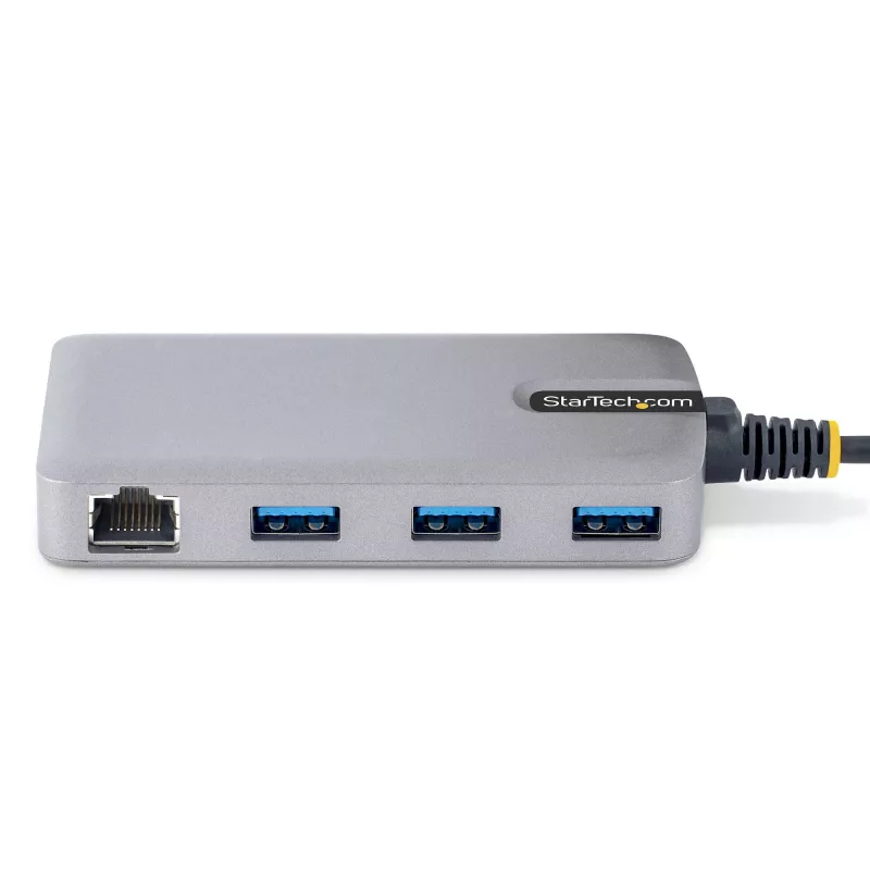 StarTech.com 3 portu USB centrmezgls ar Ethernet – 3x USB-A porti – Gigabit Ethernet (RJ-45) – USB 3.0 5 Gbps – ar kopnes barošanu – 1 pēdu/30 cm garš kabelis – pārnēsājams klēpjdatora USB centrmezgla adapteris ar GbE