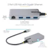 StarTech.com 3 portu USB centrmezgls ar Ethernet – 3x USB-A porti – Gigabit Ethernet (RJ-45) – USB 3.0 5 Gbps – ar kopnes barošanu – 1 pēdu/30 cm garš kabelis – pārnēsājams klēpjdatora USB centrmezgla adapteris ar GbE