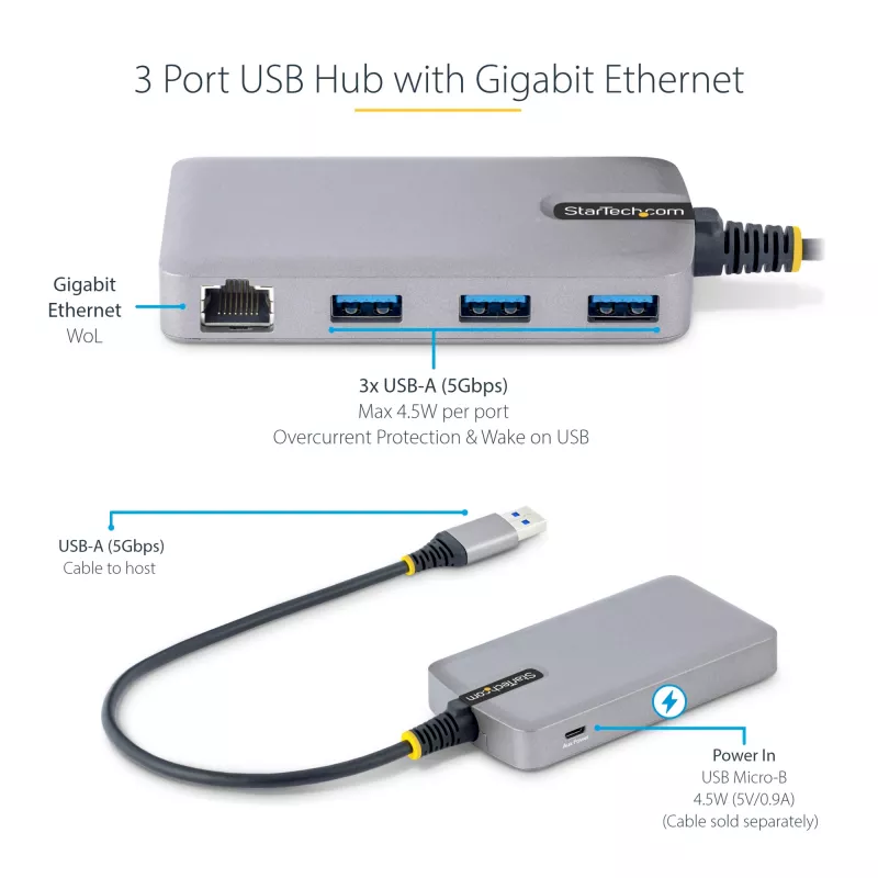 StarTech.com 3 portu USB centrmezgls ar Ethernet – 3x USB-A porti – Gigabit Ethernet (RJ-45) – USB 3.0 5 Gbps – ar kopnes barošanu – 1 pēdu/30 cm garš kabelis – pārnēsājams klēpjdatora USB centrmezgla adapteris ar GbE