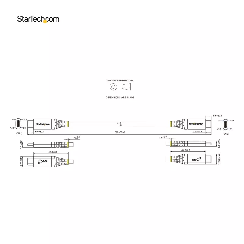 StarTech.com 50 cm (20 collas) USB C kabelis 10 Gbit/s – USB 3.1 Type-C kabelis – 100 W (5 A) strāvas padeves uzlāde, DP Alt režīms – USB-C vads USB-C klēpjdatoram/tālrunim/ierīcei – uzlāde/sinhronizācija