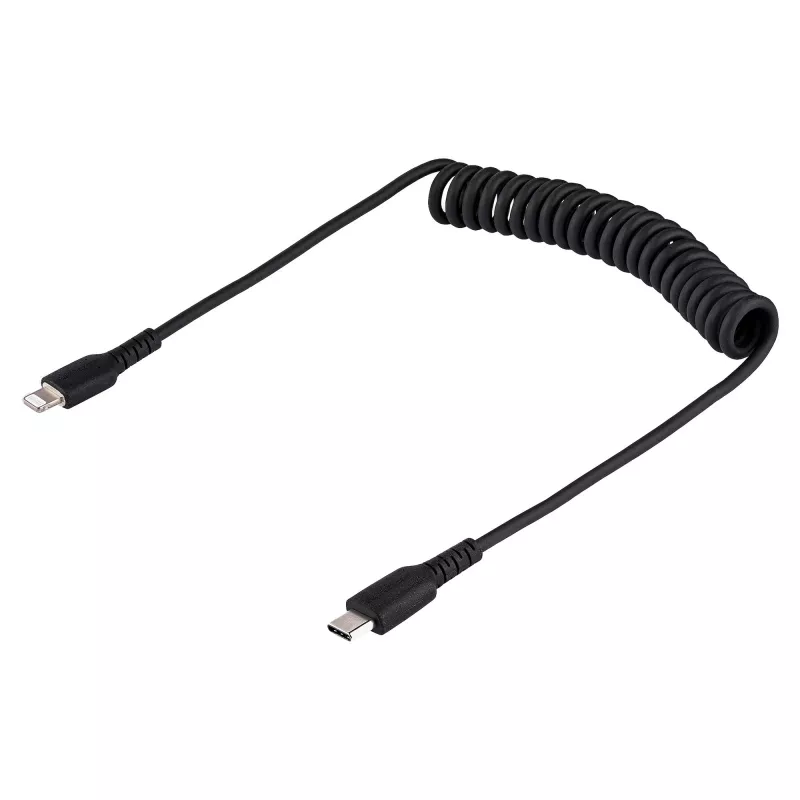 StarTech.com 1 m USB C–Lightning kabelis, MFi sertificēts, spirālveida iPhone lādētāja kabelis, melns, izturīgs TPE apvalks ar aramīda šķiedru, lieljaudas spirālveida Lightning kabelis