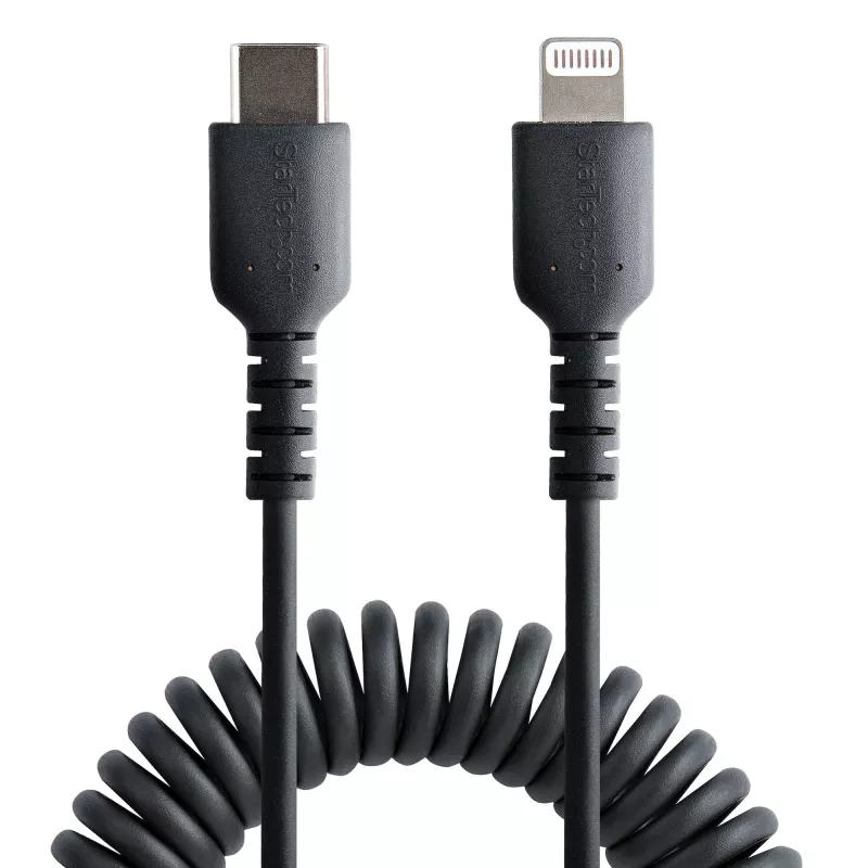 StarTech.com 1 m USB C–Lightning kabelis, MFi sertificēts, spirālveida iPhone lādētāja kabelis, melns, izturīgs TPE apvalks ar aramīda šķiedru, lieljaudas spirālveida Lightning kabelis