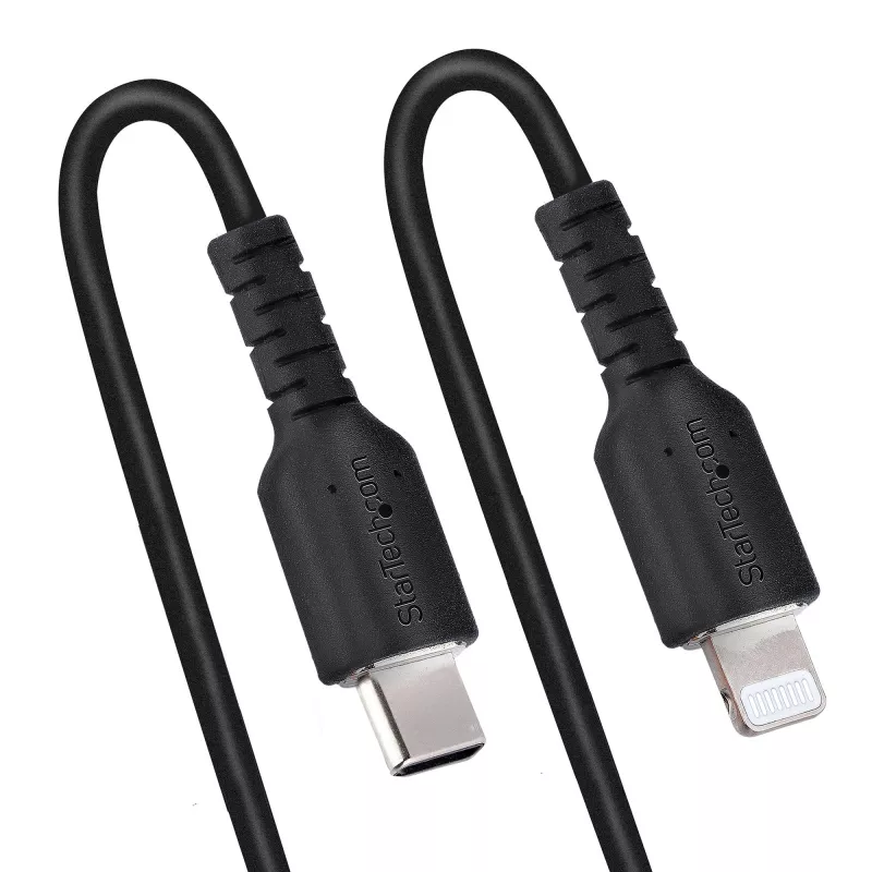 StarTech.com 1 m USB C–Lightning kabelis, MFi sertificēts, spirālveida iPhone lādētāja kabelis, melns, izturīgs TPE apvalks ar aramīda šķiedru, lieljaudas spirālveida Lightning kabelis