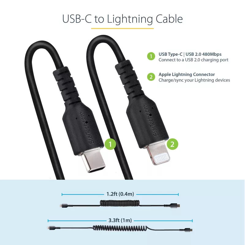 StarTech.com 1 m USB C–Lightning kabelis, MFi sertificēts, spirālveida iPhone lādētāja kabelis, melns, izturīgs TPE apvalks ar aramīda šķiedru, lieljaudas spirālveida Lightning kabelis