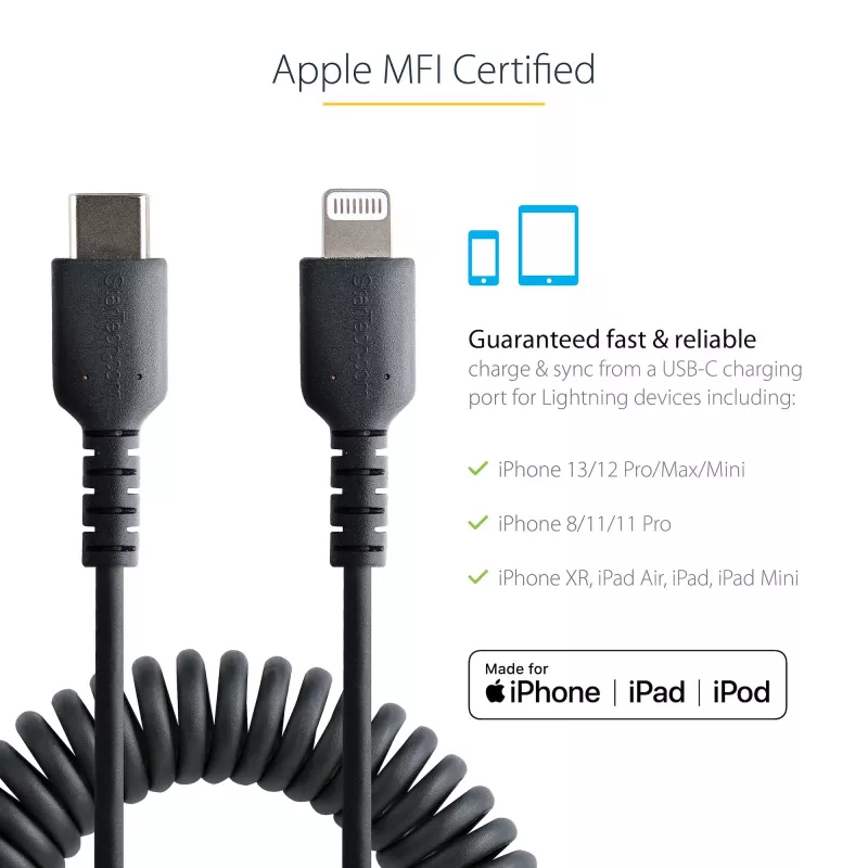 StarTech.com 1 m USB C–Lightning kabelis, MFi sertificēts, spirālveida iPhone lādētāja kabelis, melns, izturīgs TPE apvalks ar aramīda šķiedru, lieljaudas spirālveida Lightning kabelis