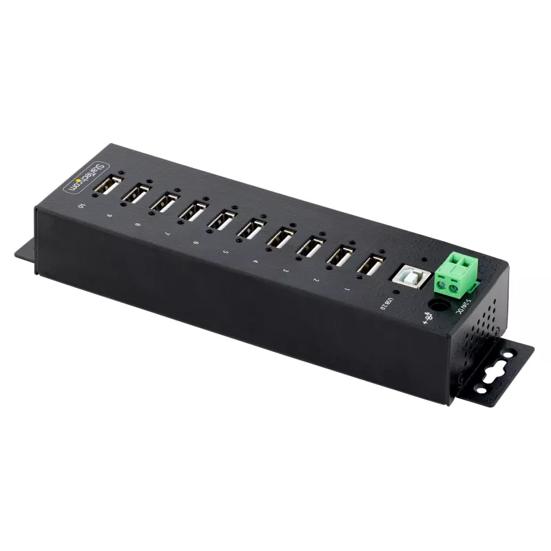 StarTech.com 10 portu rūpnieciskais USB 2.0 centrmezgls, izturīgs USB centrmezgls ar ESD 4. līmeņa aizsardzību, uz DIN sliedes/sienas/galda stiprināms USB-A centrmezgls, USB pieslēgvietu paplašinātājs ar fiksējamiem portiem, daudzportu USB centrmezgls