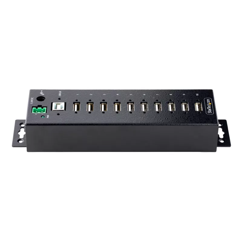 StarTech.com 10 portu rūpnieciskais USB 2.0 centrmezgls, izturīgs USB centrmezgls ar ESD 4. līmeņa aizsardzību, uz DIN sliedes/sienas/galda stiprināms USB-A centrmezgls, USB pieslēgvietu paplašinātājs ar fiksējamiem portiem, daudzportu USB centrmezgls