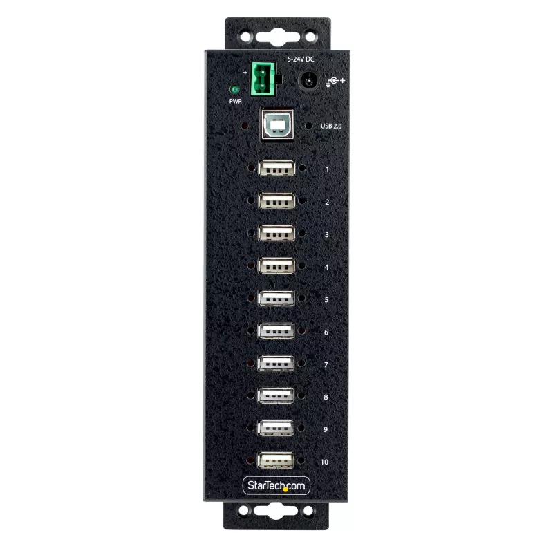 StarTech.com 10 portu rūpnieciskais USB 2.0 centrmezgls, izturīgs USB centrmezgls ar ESD 4. līmeņa aizsardzību, uz DIN sliedes/sienas/galda stiprināms USB-A centrmezgls, USB pieslēgvietu paplašinātājs ar fiksējamiem portiem, daudzportu USB centrmezgls
