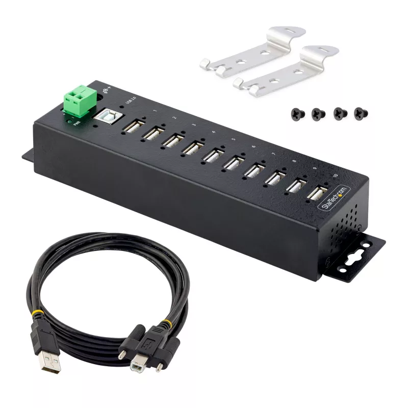 StarTech.com 10 portu rūpnieciskais USB 2.0 centrmezgls, izturīgs USB centrmezgls ar ESD 4. līmeņa aizsardzību, uz DIN sliedes/sienas/galda stiprināms USB-A centrmezgls, USB pieslēgvietu paplašinātājs ar fiksējamiem portiem, daudzportu USB centrmezgls