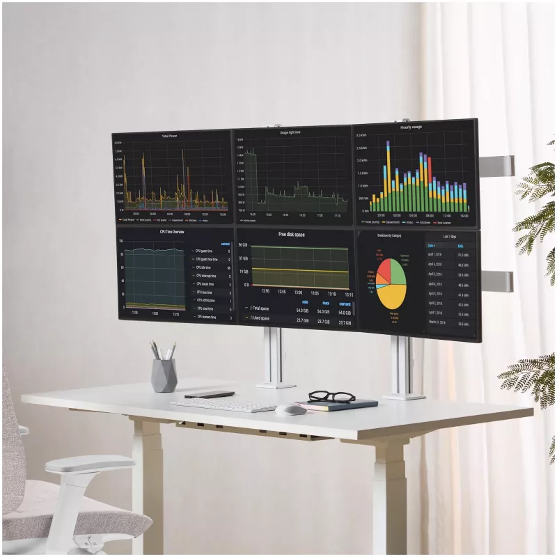 StarTech.com sešu monitoru galda statīvs ar šķērssiju, līdz 32 collu datoru ekrāniem, maks. 17,6 mārciņas (8 kg) katrs, dubultā kolonna, C-skava/cauruma montāža, regulējams augstums