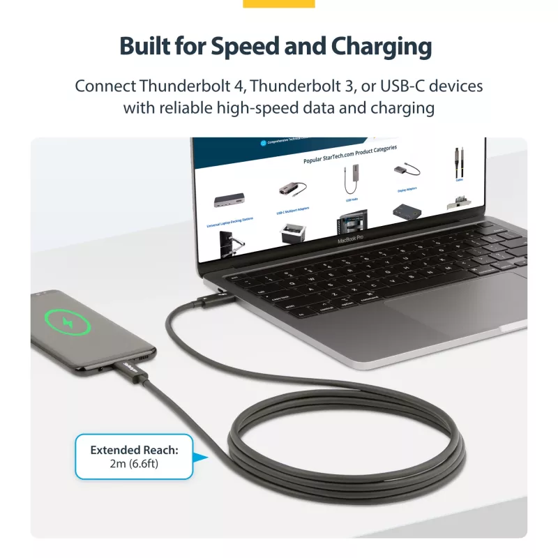 StarTech.com 6 pēdas (2 m) aktīvais Thunderbolt 4 kabelis, 40 Gbps, 100 W jaudas piegāde, 4K/8K video, Intel sertificēts Thunderbolt kabelis — saderīgs ar USB4/Thunderbolt 4/ USB 3.2/ USB Type-C/DisplayPort/Thunderbolt 3