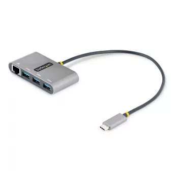 StarTech.com 3 portu USB-C centrmezgls ar Ethernet - 3x USB-A - Gigabit Ethernet - USB 3.0 5 Gbps - ar kopnes barošanu - 1 pēdu/30 cm garš USB Type-C resursdatora kabelis - GbE - pārnēsājams USB-C uz USB-A centrmezgls