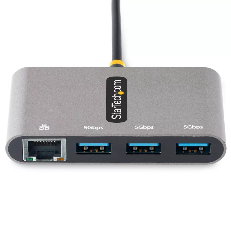 StarTech.com 3 portu USB-C centrmezgls ar Ethernet - 3x USB-A - Gigabit Ethernet - USB 3.0 5 Gbps - ar kopnes barošanu - 1 pēdu/30 cm garš USB Type-C resursdatora kabelis - GbE - pārnēsājams USB-C uz USB-A centrmezgls