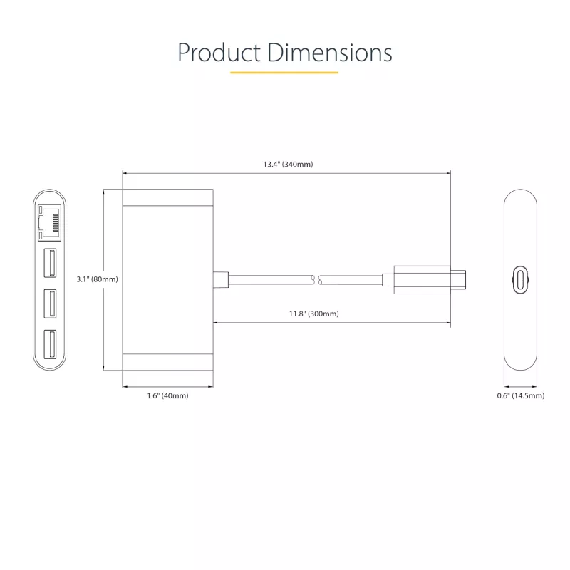 StarTech.com 3 portu USB-C centrmezgls ar Ethernet - 3x USB-A - Gigabit Ethernet - USB 3.0 5 Gbps - ar kopnes barošanu - 1 pēdu/30 cm garš USB Type-C resursdatora kabelis - GbE - pārnēsājams USB-C uz USB-A centrmezgls