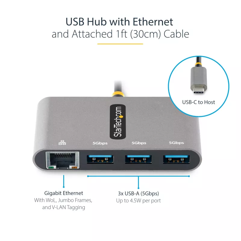 StarTech.com 3 portu USB-C centrmezgls ar Ethernet - 3x USB-A - Gigabit Ethernet - USB 3.0 5 Gbps - ar kopnes barošanu - 1 pēdu/30 cm garš USB Type-C resursdatora kabelis - GbE - pārnēsājams USB-C uz USB-A centrmezgls
