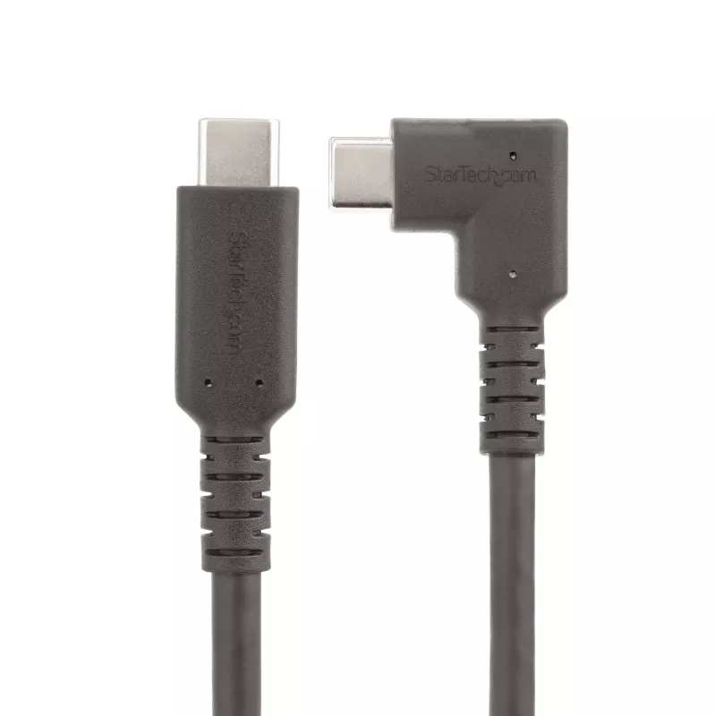 StarTech.com 1,6 pēdas (50 cm) izturīgs taisnleņķa USB-C kabelis, USB 3.2 Gen 2 (10 Gbps), pilnvērtīgs USB-C uz C datu pārraides kabelis, 4K 60Hz DP alternatīvais režīms, 100 W strāvas piegāde - 90 grādu USB Type-C kabelis