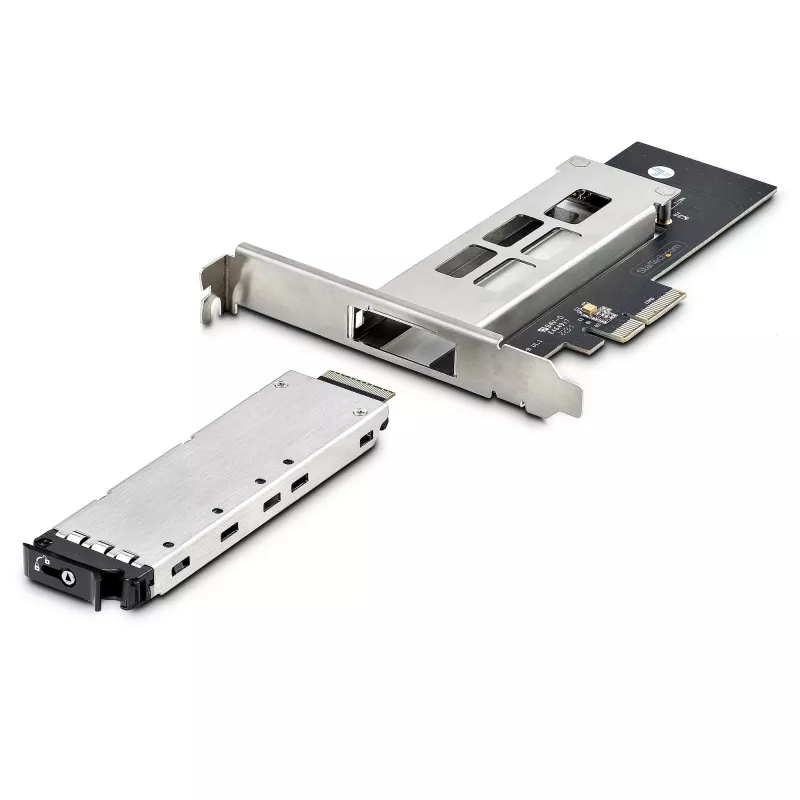 StarTech.com M.2 NVMe SSD uz PCIe x4 mobilais nodalījums/aizmugures plate ar noņemamu paliktni PCI Express paplašināšanas slotam, bezinstrumentu uzstādīšana, PCIe 4.0/3.0 karstās nomaiņas diskdzinis, atslēgas bloķētājs – 2 atslēgas iekļautas