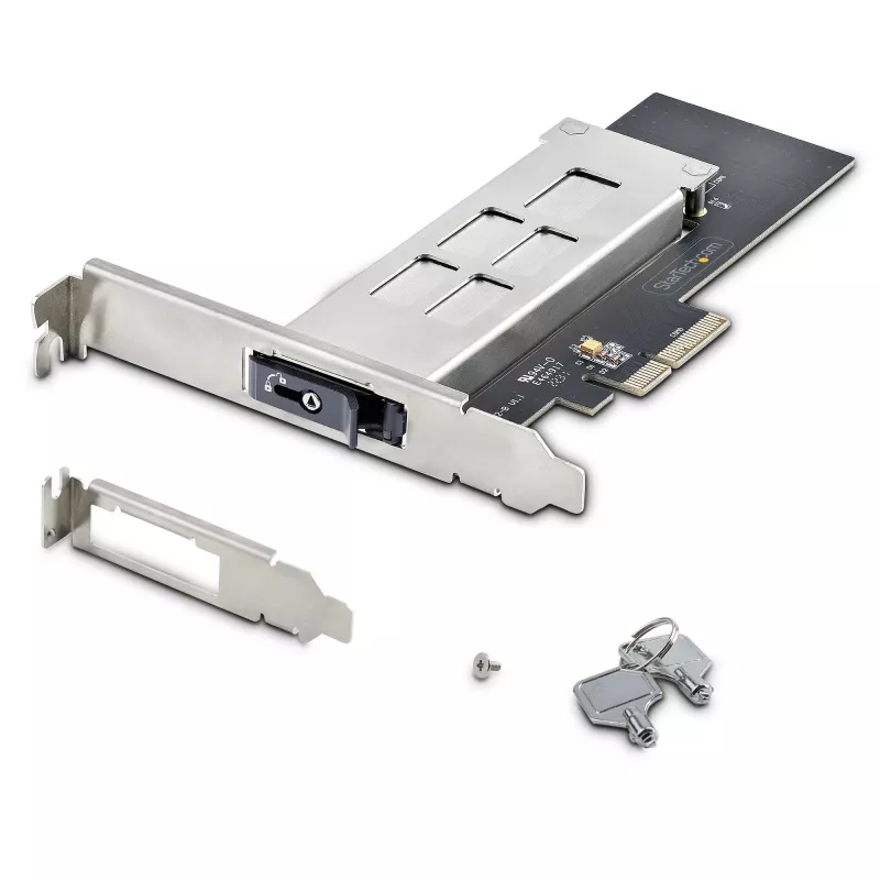 StarTech.com M.2 NVMe SSD uz PCIe x4 mobilais nodalījums/aizmugures plate ar noņemamu paliktni PCI Express paplašināšanas slotam, bezinstrumentu uzstādīšana, PCIe 4.0/3.0 karstās nomaiņas diskdzinis, atslēgas bloķētājs – 2 atslēgas iekļautas