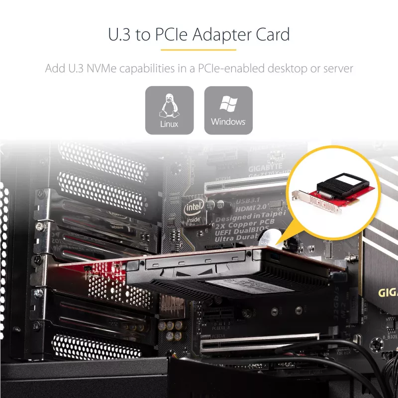 StarTech.com U.3 uz PCIe adaptera karte, PCIe 4.0 x4 adapteris 2,5 collu U.3 NVMe SSD diskiem, SFF-TA-1001 PCI Express paplašinājuma karte galddatoriem/serveriem, atbilst TAA – neatkarīga no OS