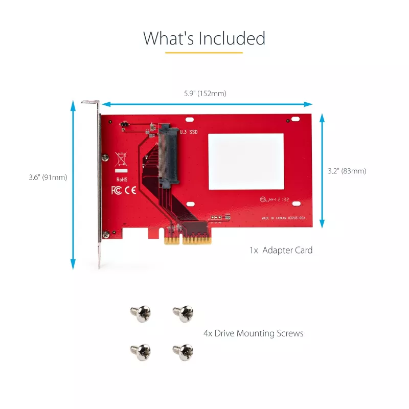 StarTech.com U.3 uz PCIe adaptera karte, PCIe 4.0 x4 adapteris 2,5 collu U.3 NVMe SSD diskiem, SFF-TA-1001 PCI Express paplašinājuma karte galddatoriem/serveriem, atbilst TAA – neatkarīga no OS