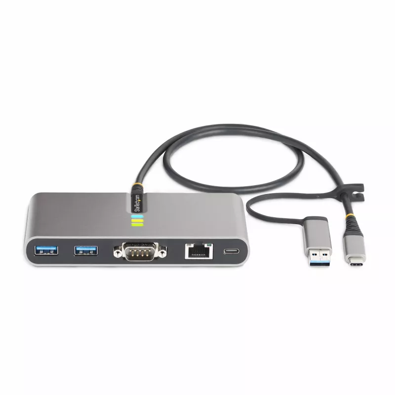 StarTech.com 2 portu USB-C centrmezgls ar Ethernet un RS-232, pievienots USB-C–USB-A adapteris, 100 W PD caurlaide, 2x USB-A 5 Gbps, Gigabit Ethernet, RS232 seriālais (FTDI)