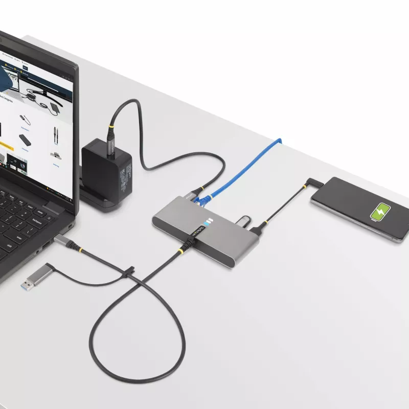 StarTech.com 2 portu USB-C centrmezgls ar Ethernet un RS-232, pievienots USB-C–USB-A adapteris, 100 W PD caurlaide, 2x USB-A 5 Gbps, Gigabit Ethernet, RS232 seriālais (FTDI)