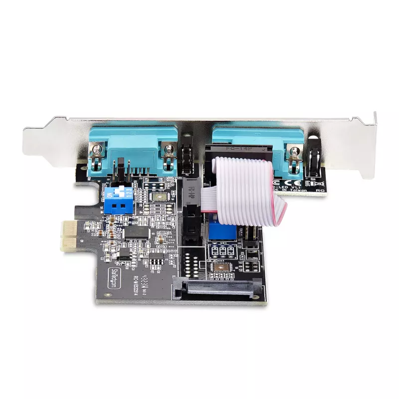 StarTech.com 2 portu seriālā PCIe karte, divu portu PCI Express uz RS232/RS422/RS485 (DB9) seriālā karte, iekļauti zema profila kronšteini, 16C1050 UART, Windows/Linux, TAA atbilstīga - 4. līmeņa ESD aizsardzība