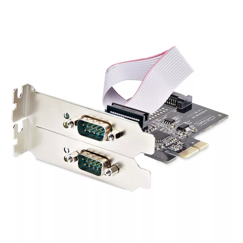 StarTech.com 2 portu seriālā PCIe karte, divu portu PCI Express uz RS232/RS422/RS485 (DB9) seriālā karte, iekļauti zema profila kronšteini, 16C1050 UART, Windows/Linux, TAA atbilstīga - 4. līmeņa ESD aizsardzība