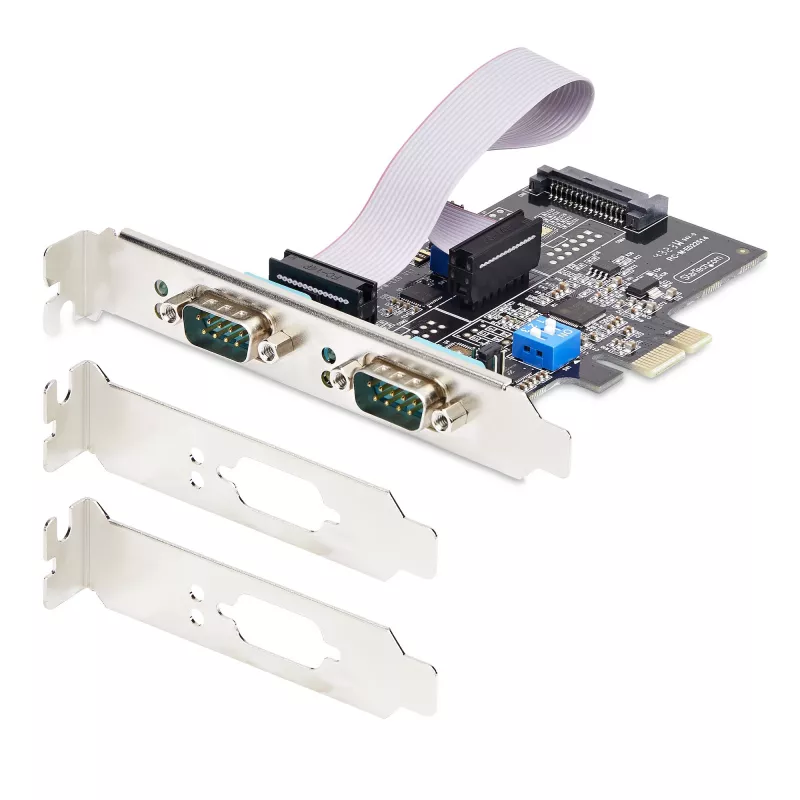 StarTech.com 2 portu seriālā PCIe karte, divu portu PCI Express uz RS232/RS422/RS485 (DB9) seriālā karte, iekļauti zema profila kronšteini, 16C1050 UART, Windows/Linux, TAA atbilstīga - 4. līmeņa ESD aizsardzība