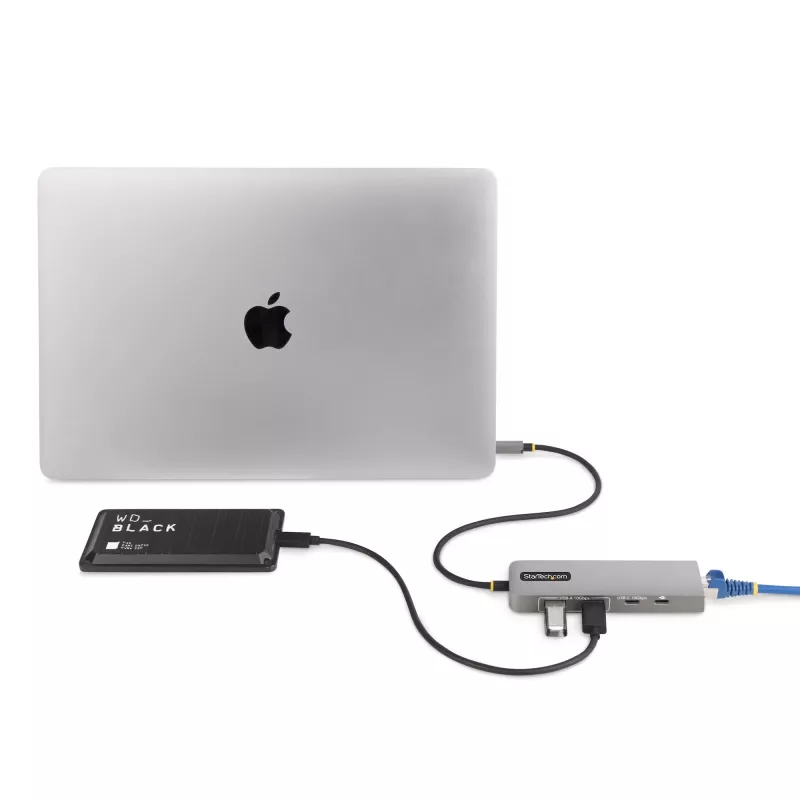 StarTech.com 3 portu USB-C centrmezgls ar 2,5 Gbps Ethernet un 100 W Power Delivery caurlaides portu, USB 3.2 10 Gbps, 2x USB-A/1x USB-C, portatīvs USB Type-C adaptera centrmezgls