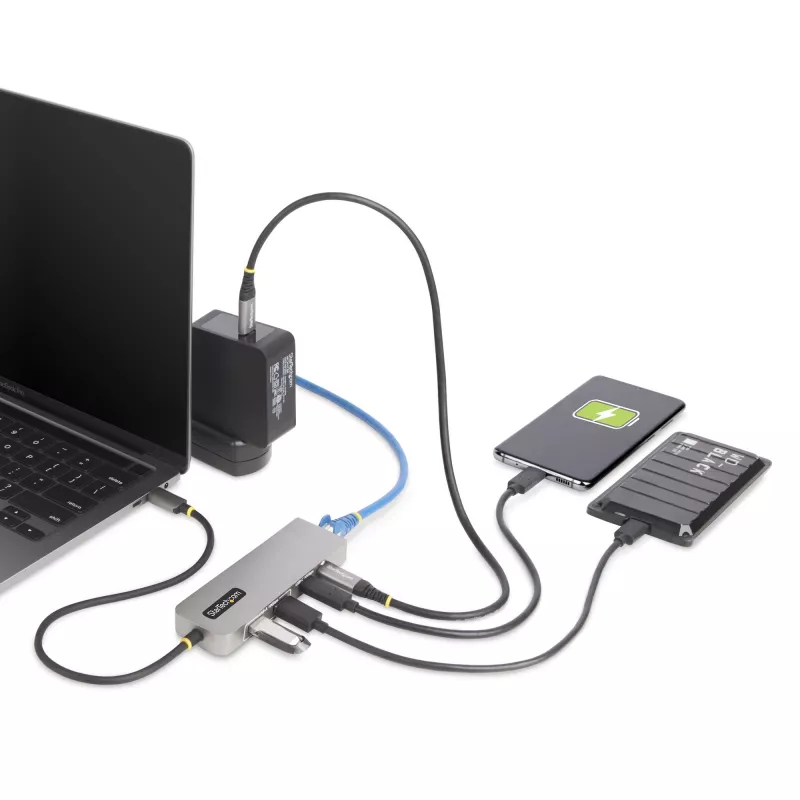 StarTech.com 3 portu USB-C centrmezgls ar 2,5 Gbps Ethernet un 100 W Power Delivery caurlaides portu, USB 3.2 10 Gbps, 2x USB-A/1x USB-C, portatīvs USB Type-C adaptera centrmezgls