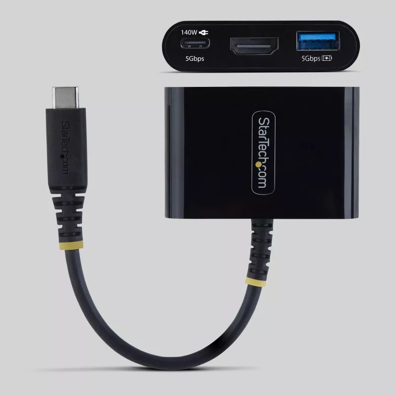 StarTech.com USB-C–HDMI daudzportu adapteris ar 140 W PD uzlādi, 4K 60 Hz HDMI, USB 5 Gbit/s centrmezgls, mini doks MacBook / Dell / Thinkpad / HP / iPad / planšetdatoriem