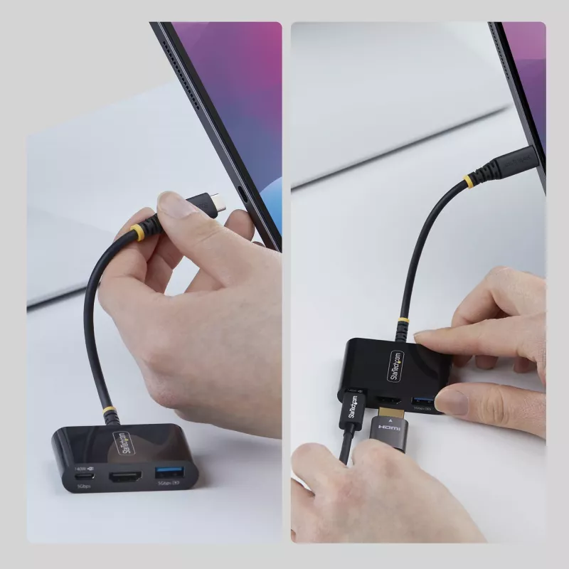 StarTech.com USB-C–HDMI daudzportu adapteris ar 140 W PD uzlādi, 4K 60 Hz HDMI, USB 5 Gbit/s centrmezgls, mini doks MacBook / Dell / Thinkpad / HP / iPad / planšetdatoriem