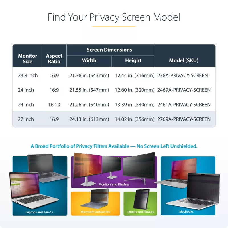 StarTech.com 27 collu 16:9 datora monitora privātuma ekrāns, piekarināms akrila filtrs, ātri uzstādāms drošības vairogs, monitora ekrāna aizsargs, +/- 30° skata leņķis, spīdīgs