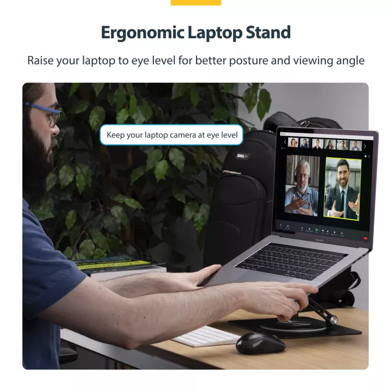 StarTech.com Rotējošs klēpjdatora statīvs, 360° grozāms, ergonomisks galda pacēlājs datoram, paaugstināta pamatne ar regulējamu slīpumu, maks. 5 kg, alumīnija konstrukcija, pārnēsājams dizains