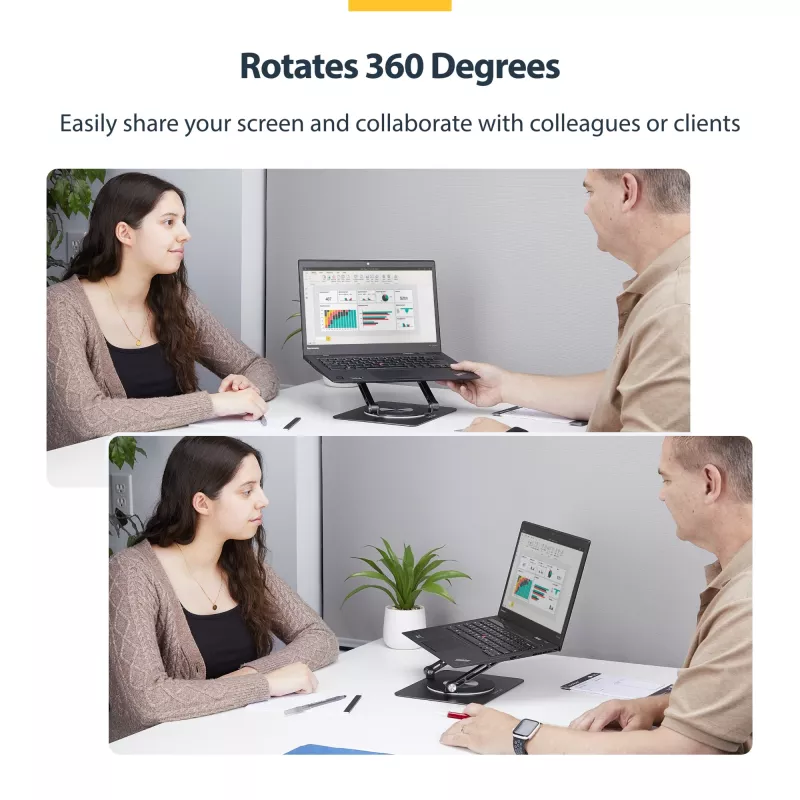 StarTech.com Rotējošs klēpjdatora statīvs, 360° grozāms, ergonomisks galda pacēlājs datoram, paaugstināta pamatne ar regulējamu slīpumu, maks. 5 kg, alumīnija konstrukcija, pārnēsājams dizains
