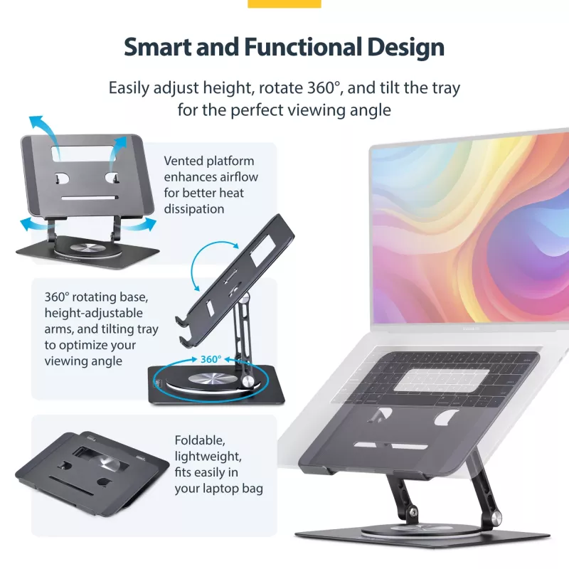 StarTech.com Rotējošs klēpjdatora statīvs, 360° grozāms, ergonomisks galda pacēlājs datoram, paaugstināta pamatne ar regulējamu slīpumu, maks. 5 kg, alumīnija konstrukcija, pārnēsājams dizains