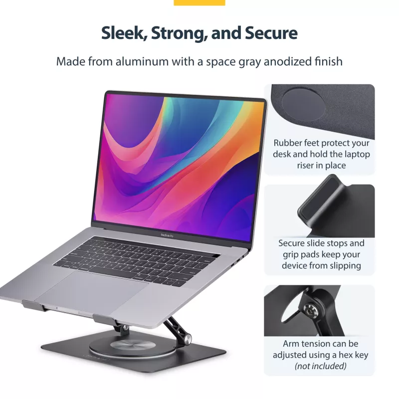 StarTech.com Rotējošs klēpjdatora statīvs, 360° grozāms, ergonomisks galda pacēlājs datoram, paaugstināta pamatne ar regulējamu slīpumu, maks. 5 kg, alumīnija konstrukcija, pārnēsājams dizains