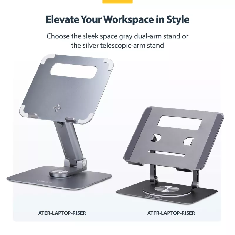 StarTech.com Rotējošs klēpjdatora statīvs, 360° grozāms, ergonomisks galda pacēlājs datoram, paaugstināta pamatne ar regulējamu slīpumu, maks. 5 kg, alumīnija konstrukcija, pārnēsājams dizains
