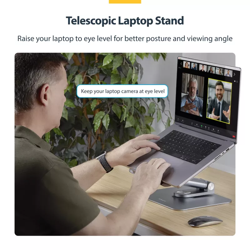 StarTech.com Teleskopisks klēpjdatora statīvs, 360° grozāma pamatne, rotējoša datora paaugstinājums galdam, regulējams augstums un slīpums, maks. 5 kg, alumīnija konstrukcija, portatīvs dizains
