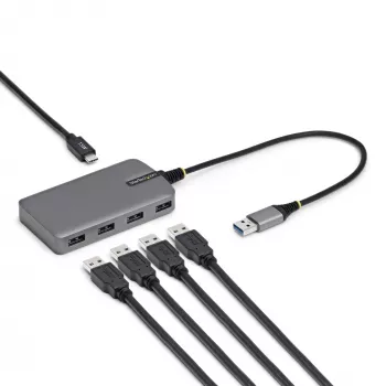 StarTech.com 4 portu USB-A centrmezgls, 5 Gbps, baro no kopnes, USB-A uz 4x USB-A centrmezgls ar USB-C papildu barošanas ieeju, 1 pēda/30 cm resursdatora kabelis, pārnēsājams galddatoru/klēpjdatoru USB centrmezgls