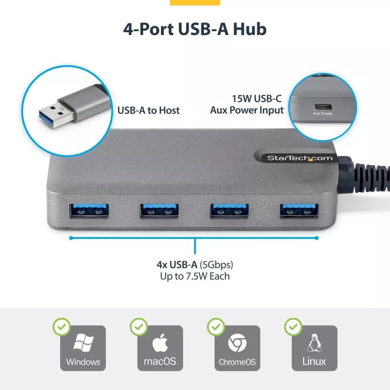 StarTech.com 4 portu USB-A centrmezgls, 5 Gbps, baro no kopnes, USB-A uz 4x USB-A centrmezgls ar USB-C papildu barošanas ieeju, 1 pēda/30 cm resursdatora kabelis, pārnēsājams galddatoru/klēpjdatoru USB centrmezgls