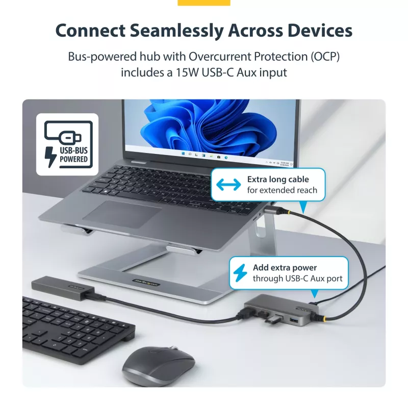 StarTech.com 4 portu USB-A centrmezgls, 5 Gbps, baro no kopnes, USB-A uz 4x USB-A centrmezgls ar USB-C papildu barošanas ieeju, 1 pēda/30 cm resursdatora kabelis, pārnēsājams galddatoru/klēpjdatoru USB centrmezgls