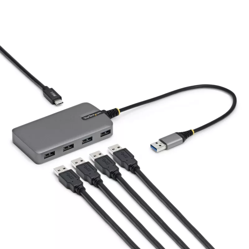 StarTech.com 4 portu USB-A centrmezgls, 5 Gbps, baro no kopnes, USB-A uz 4x USB-A centrmezgls ar USB-C papildu barošanas ieeju, 1 pēda/30 cm resursdatora kabelis, pārnēsājams galddatoru/klēpjdatoru USB centrmezgls
