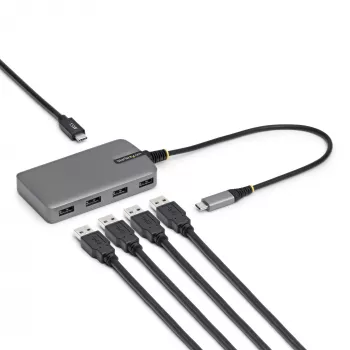 StarTech.com 4 portu USB-C centrmezgls, 5 Gbps, ar kopnes barošanu, USB-C uz 4x USB-A centrmezgls ar USB-C papildu barošanas ieeju, 1 pēdu/30 cm saimniekdatora kabelis, pārnēsājams galddatoru/portatīvo datoru USB centrmezgls