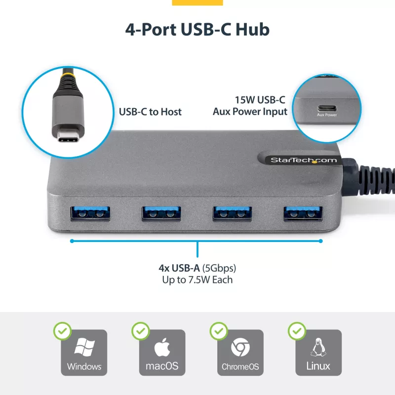 StarTech.com 4 portu USB-C centrmezgls, 5 Gbps, ar kopnes barošanu, USB-C uz 4x USB-A centrmezgls ar USB-C papildu barošanas ieeju, 1 pēdu/30 cm saimniekdatora kabelis, pārnēsājams galddatoru/portatīvo datoru USB centrmezgls