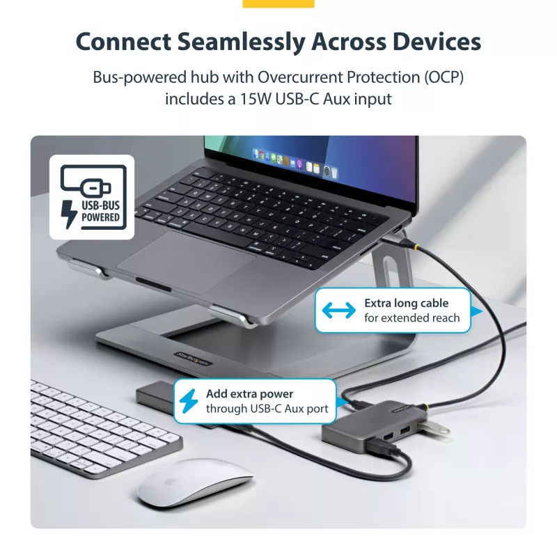 StarTech.com 4 portu USB-C centrmezgls, 5 Gbps, ar kopnes barošanu, USB-C uz 4x USB-A centrmezgls ar USB-C papildu barošanas ieeju, 1 pēdu/30 cm saimniekdatora kabelis, pārnēsājams galddatoru/portatīvo datoru USB centrmezgls