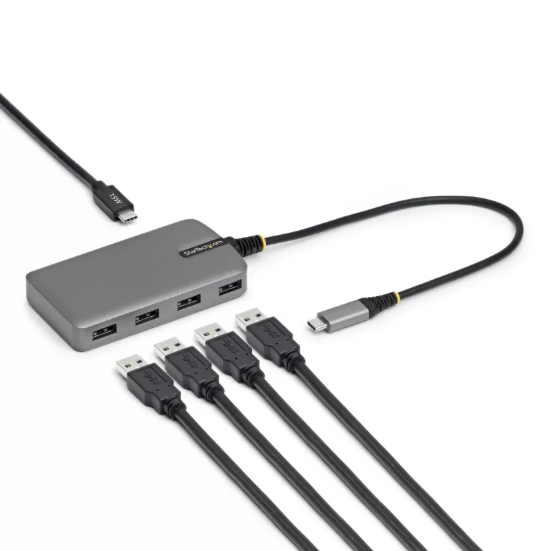 StarTech.com 4 portu USB-C centrmezgls, 5 Gbps, ar kopnes barošanu, USB-C uz 4x USB-A centrmezgls ar USB-C papildu barošanas ieeju, 1 pēdu/30 cm saimniekdatora kabelis, pārnēsājams galddatoru/portatīvo datoru USB centrmezgls
