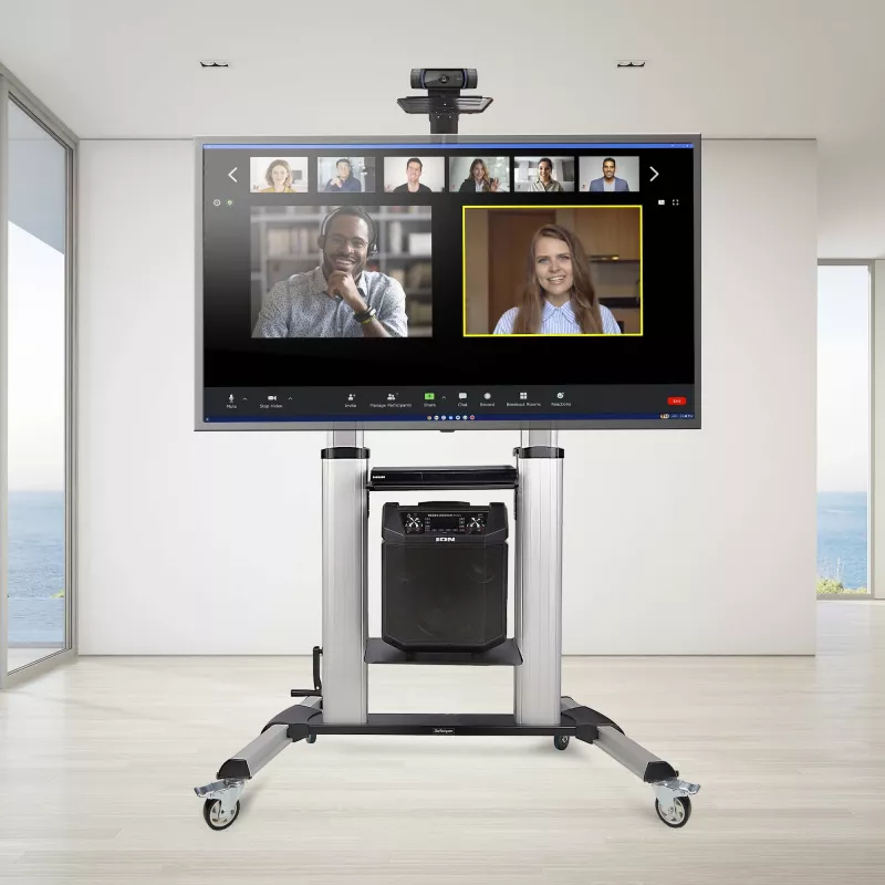 StarTech.com Ritošs TV ratiņi / statīvs uz riteņiem 60–100 collu plakanajiem ekrāniem līdz 220 lb (100 kg), augstuma regulēšana ar rokas kloķi, mobilais / portatīvais grozs stiprinājumam